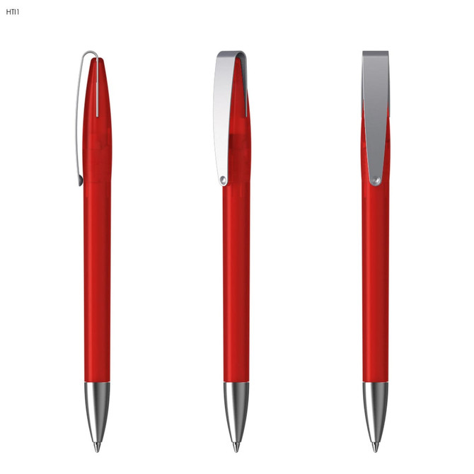A red metal pen with a shiny silver clip and detailing, displayed from three different angles.