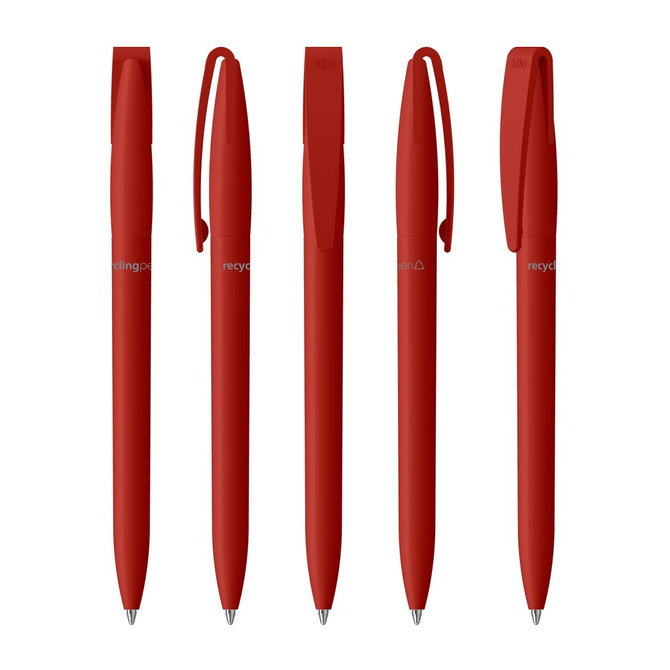 Five red plastic pens lined up, each with a clip and a smooth design, featuring branding on the barrels.
