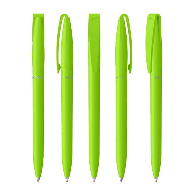 Five bright green plastic pens arranged in a row, each featuring a clip and a logo.