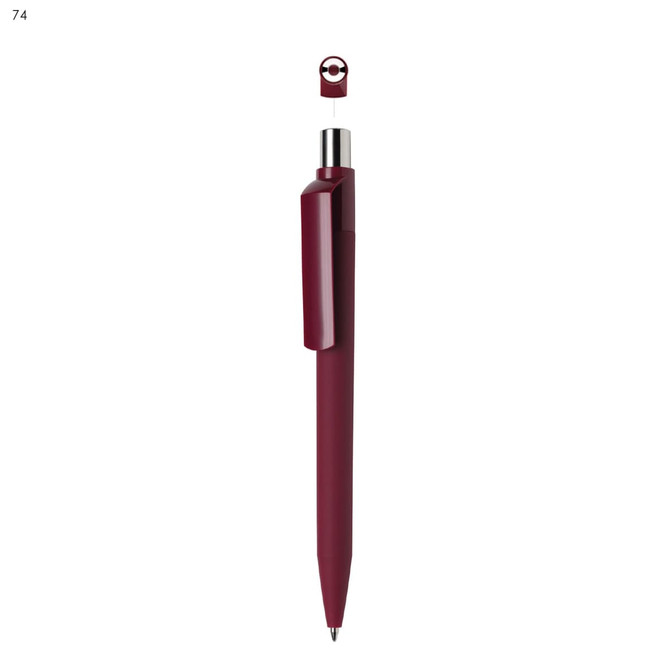 A maroon plastic pen with a shiny silver clip and a removable top. It features a logo on the side.