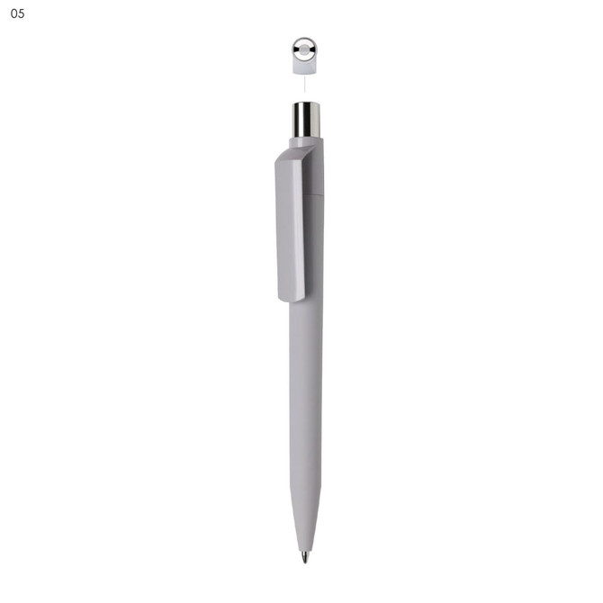 A grey plastic pen with a sleek design, featuring a clip and a silver-tone top. The pen has a logo visible.