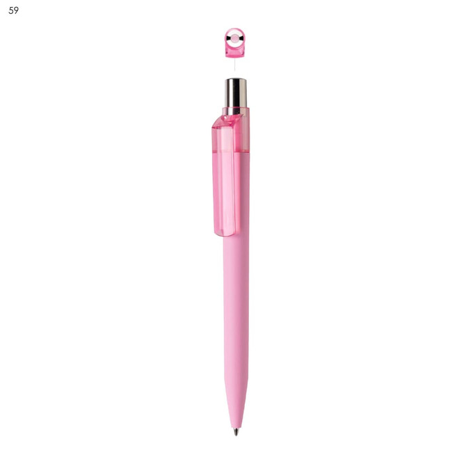 A pink plastic pen with a transparent cap and silver accents. It features a logo on the clip.