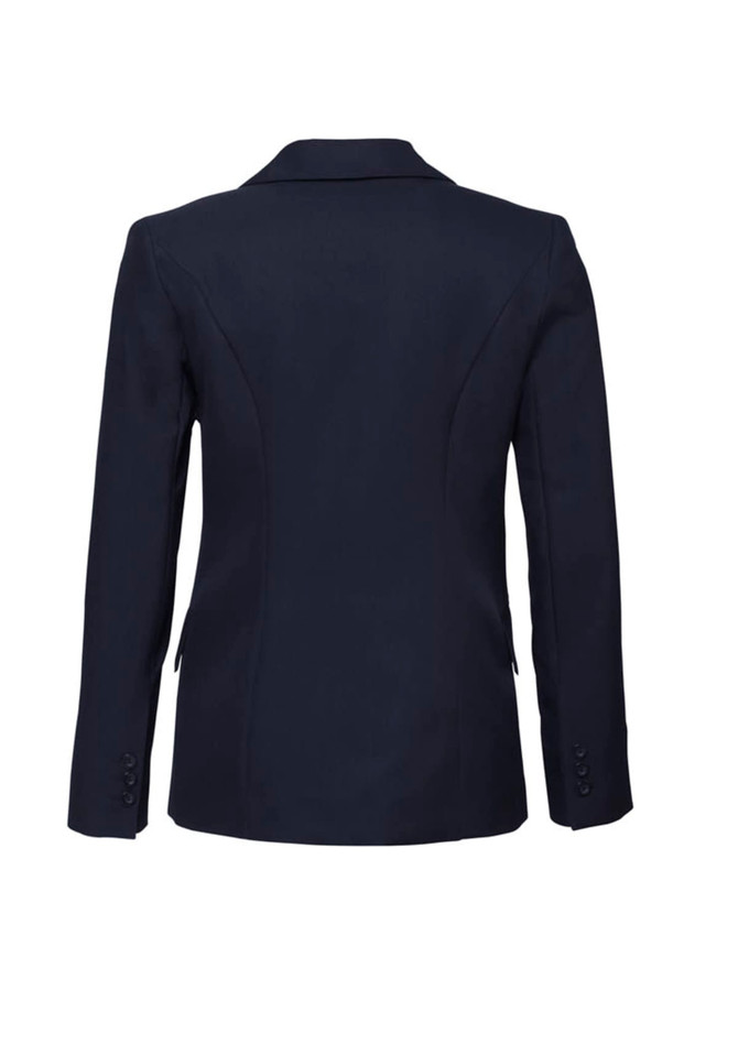 A navy longline jacket with a tailored fit and button details on the sleeves, featuring a smooth back design.