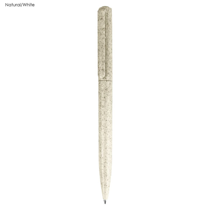 A natural and white eco-friendly plastic pen with a smooth design and a visible logo.