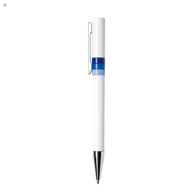 A white plastic pen with blue accents and a silver clip. It features a smooth, contemporary design.