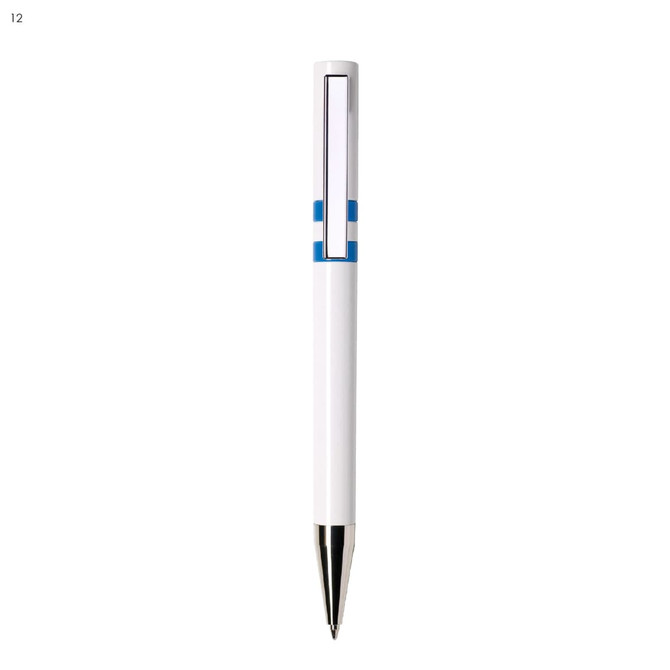 A plastic pen in white with blue accents, featuring a sleek design and a shiny silver tip.