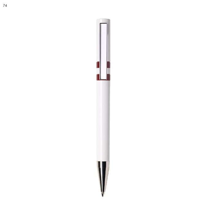 A white plastic pen with a clear section and a maroon accent. It features a chrome tip and has a logo.
