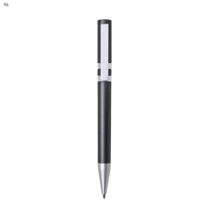 A plastic pen in black and silver, featuring a sleek design and a branding logo.