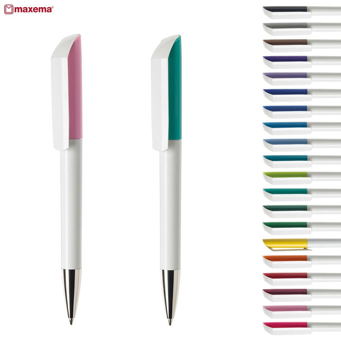 Two plastic pens in pink and teal with white barrels, alongside a selection of ink colours in various shades.