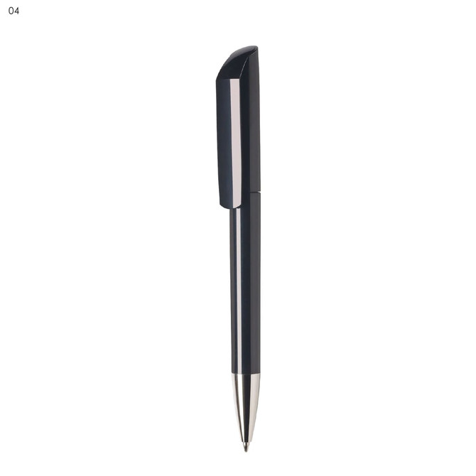 A plastic pen in black with a sleek design and a silver tip. It features a logo on the barrel.