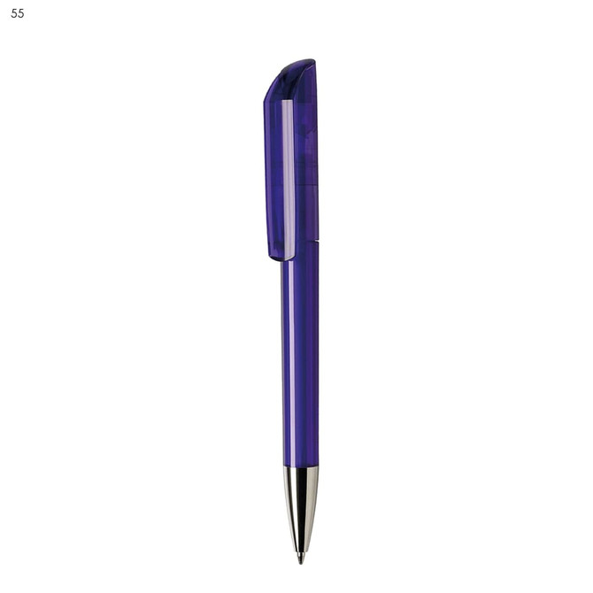 A plastic pen in a vibrant purple colour with a clear cap and silver detailing. It features a branding logo.