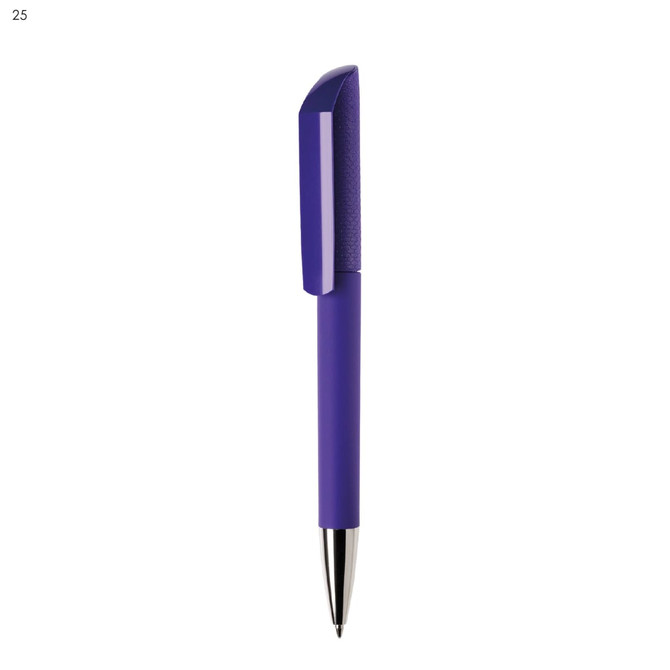 A purple plastic pen with a textured grip and a silver tip. It features a logo on the barrel.