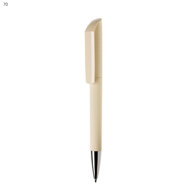 A beige plastic pen with a textured grip and a shiny silver tip. It features a logo on one side.