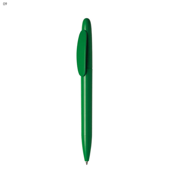 A green plastic pen with a click mechanism and a logo on its side.