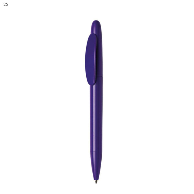 A purple plastic pen with a clip and a sleek design, featuring a logo on its surface.