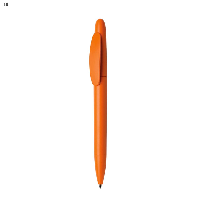 An orange plastic pen with a click mechanism and a logo on the body.