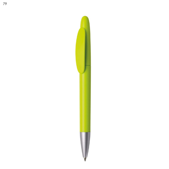 A plastic pen in vibrant lime green with a silver tip and a clip. The pen features a simple, sleek design.
