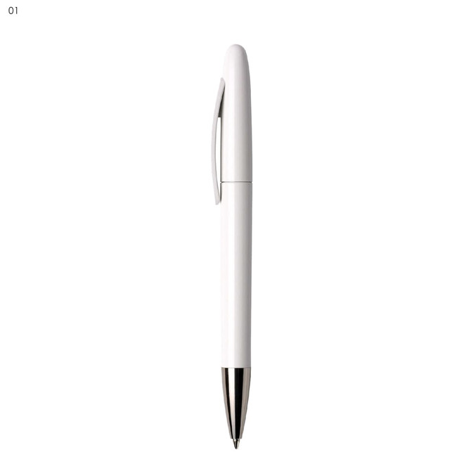 A white plastic pen with a silver tip and a clip for attachment. It has a logo on the surface.