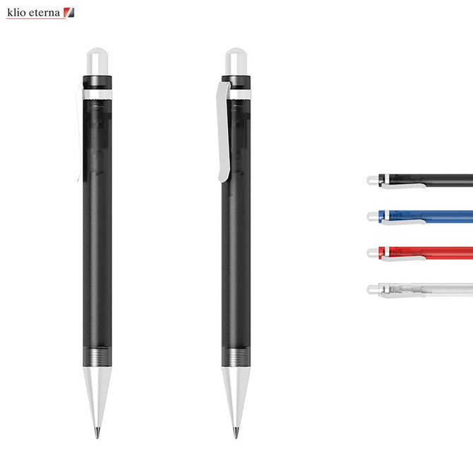 A black plastic pen with a silver clip and three ink refills in red, blue, and black, featuring a logo.