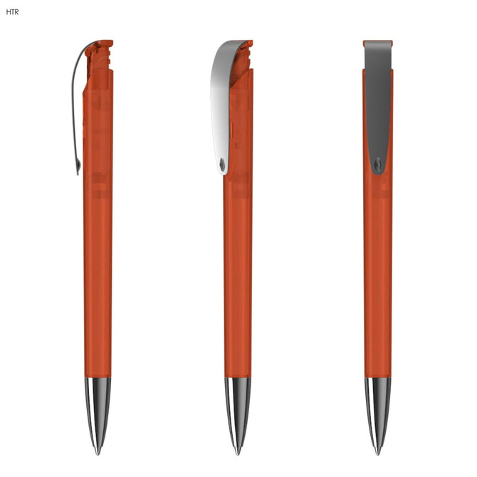 An orange transparent plastic pen with a silver clip, displayed from three angles. Features a logo on the clip.