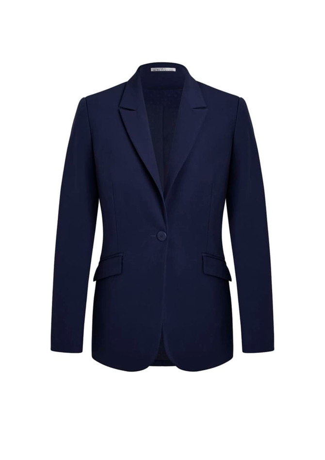 A navy longline blazer jacket with a single button closure and two front pockets. It features a lapel collar and a tailored fit.