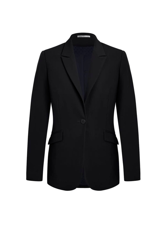 A black longline jacket featuring a classic blazer design with a single button and two pockets.