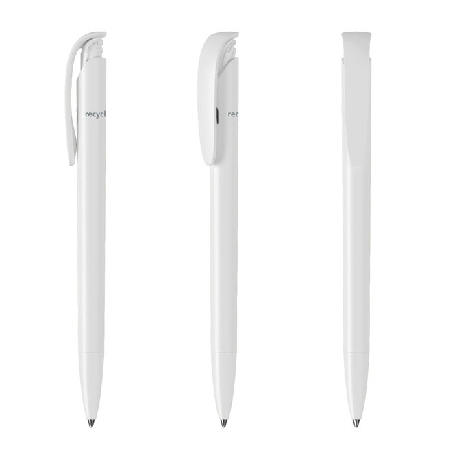 A white plastic pen with a smooth finish and a clip design, featuring a simple branding logo.