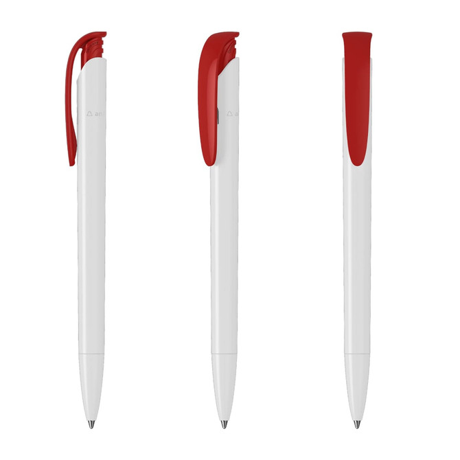 A white pen with a red clip and tip, featuring a logo on the side. It has a sleek, modern design.