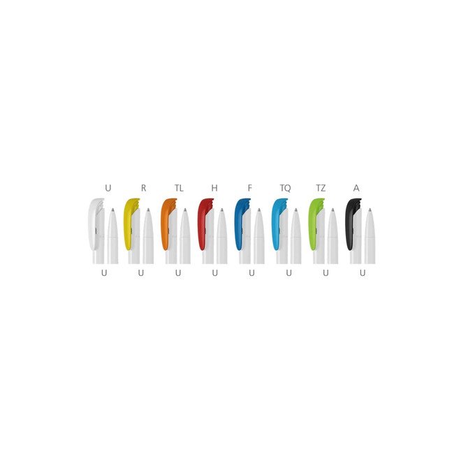 A set of plastic pens in various colours, featuring a white barrel and a branding logo.