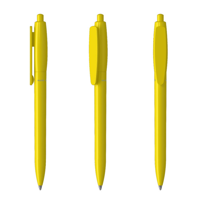 A set of yellow plastic pens displayed from three angles, featuring a clip and a rounded tip design.