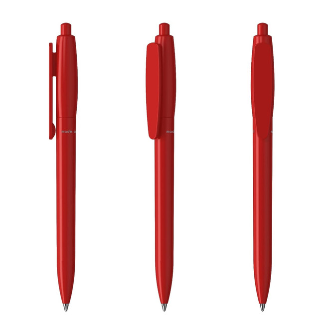 Three red plastic pens displayed in different positions, featuring a clip and a smooth design. Each pen has a branding logo.