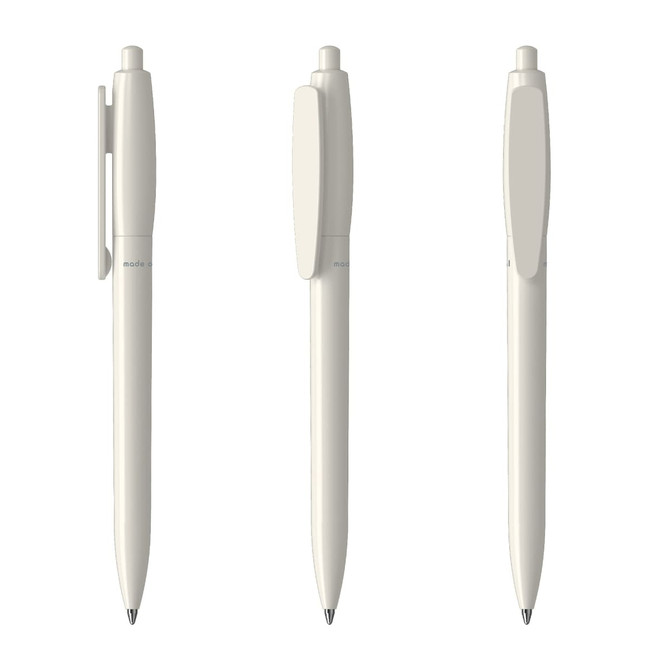 A set of three light beige plastic pens, featuring a clip and a smooth design. Each pen has a branding logo.