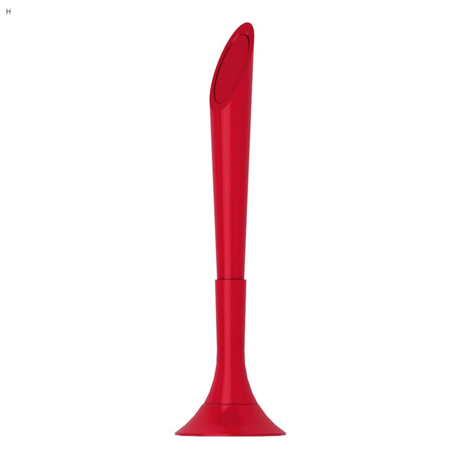 A red plastic pen with a sleek design, featuring a round base and a pointed tip, showcasing a logo.