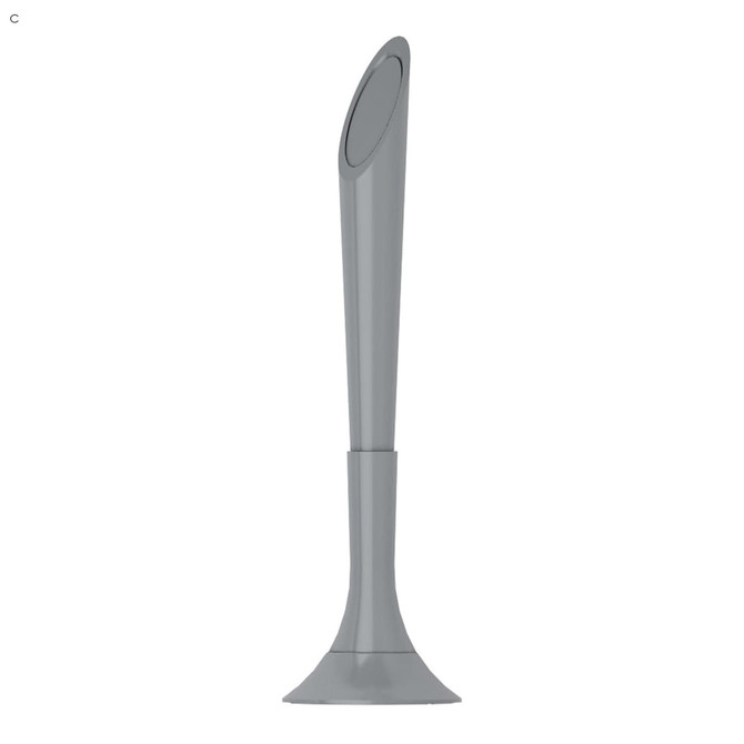 A grey plastic pen with a sleek design, featuring a rounded tip and a base for stability. The product has a logo.