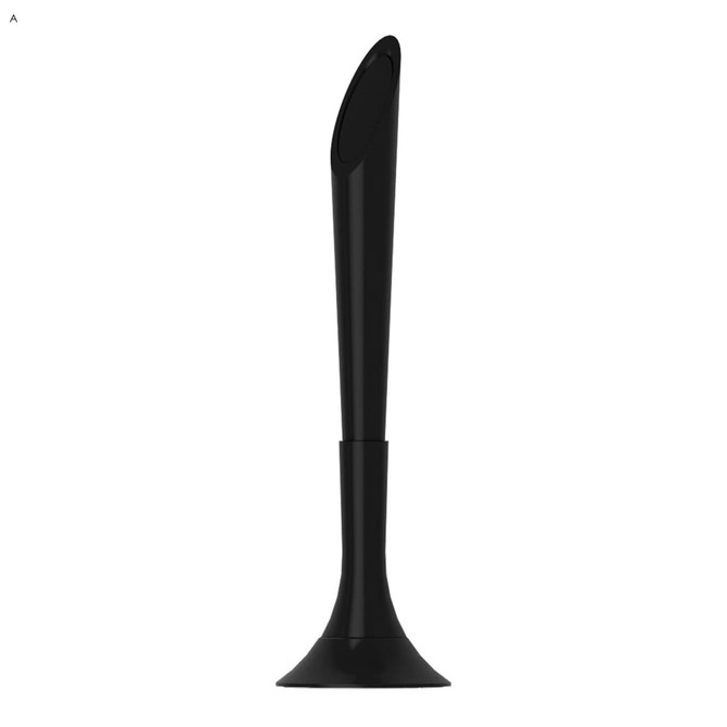 A black plastic pen with a sleek design, featuring a rounded tip and a stable base. It has a branding logo.
