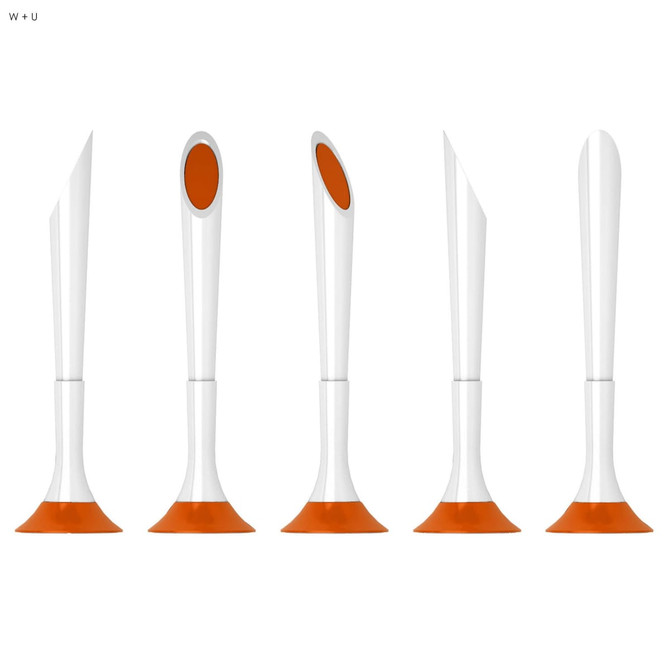 A set of five plastic pens with white bodies and orange accents, featuring unique shapes and a branding logo.
