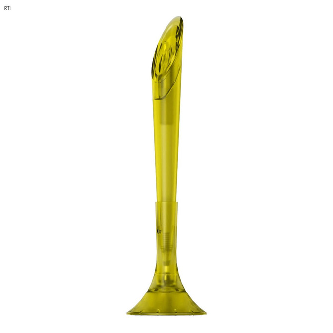 A stylised plastic pen in a vibrant yellow colour with a unique design and a logo on the surface.