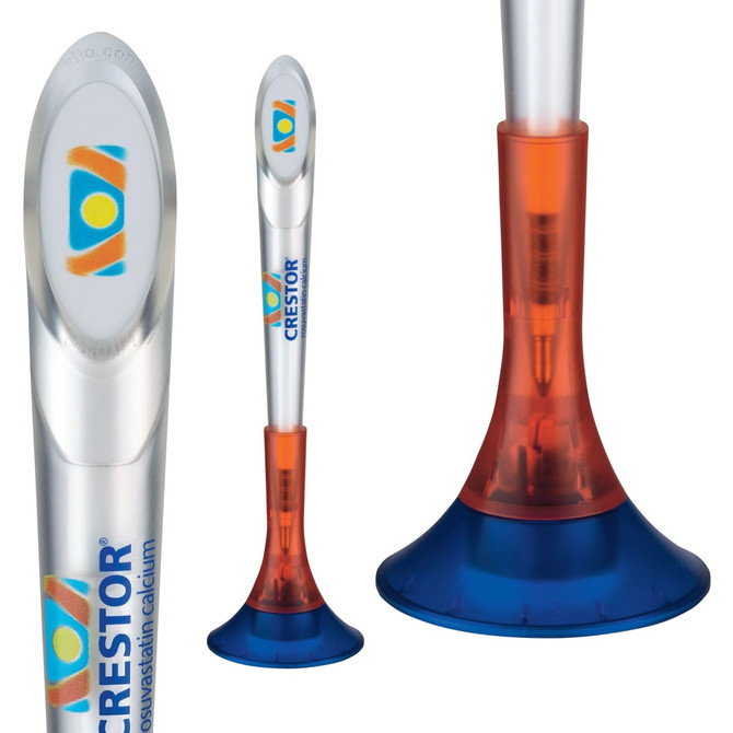 A plastic pen featuring a sleek design with a transparent body, orange accents, and a blue base. It includes a logo.