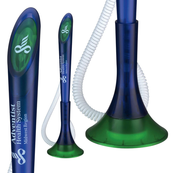 A promotional pen featuring a blue and green design with a coiled cord and a logo.