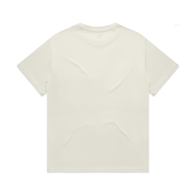 A plain cream Heavy Tee t-shirt with a crew neck and short sleeves, featuring a logo on the back.