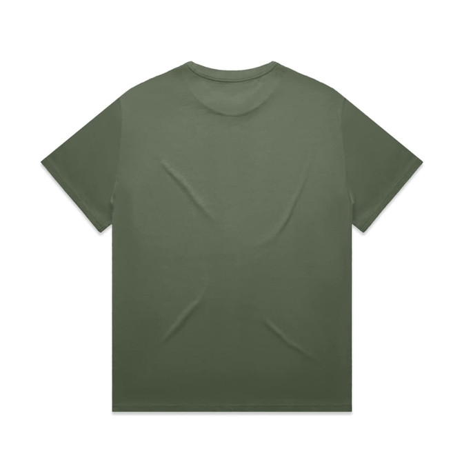 A heavy olive green T-shirt with a relaxed fit and short sleeves, featuring a subtle branding logo.