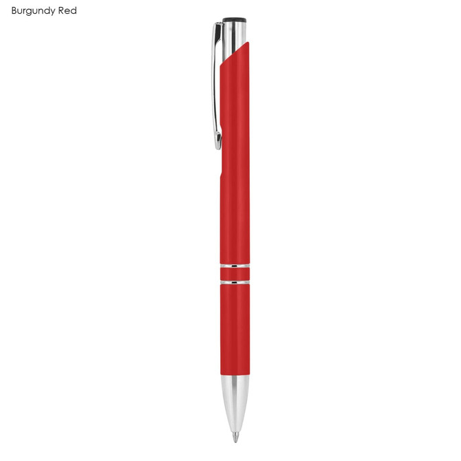 A metal pen in burgundy red with chrome accents and a branding logo on the upper portion.