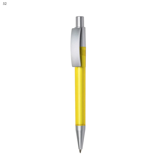 A plastic pen with a yellow barrel, silver accents, and a clip. It features a logo on the barrel.
