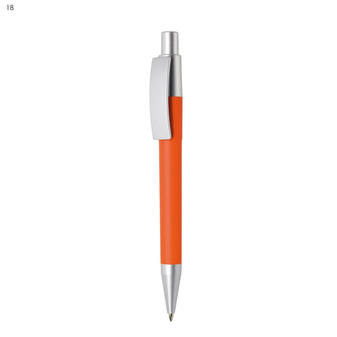 An orange plastic pen with a silver clip and tip. It features a sleek design and has a branding logo.