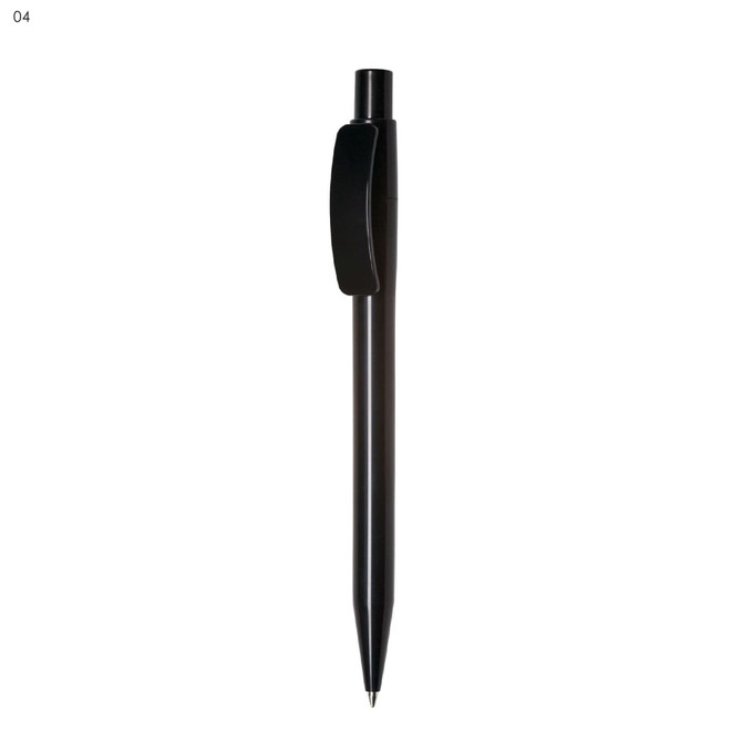 A black plastic pen with a clip and a sleek design, featuring a branding logo.