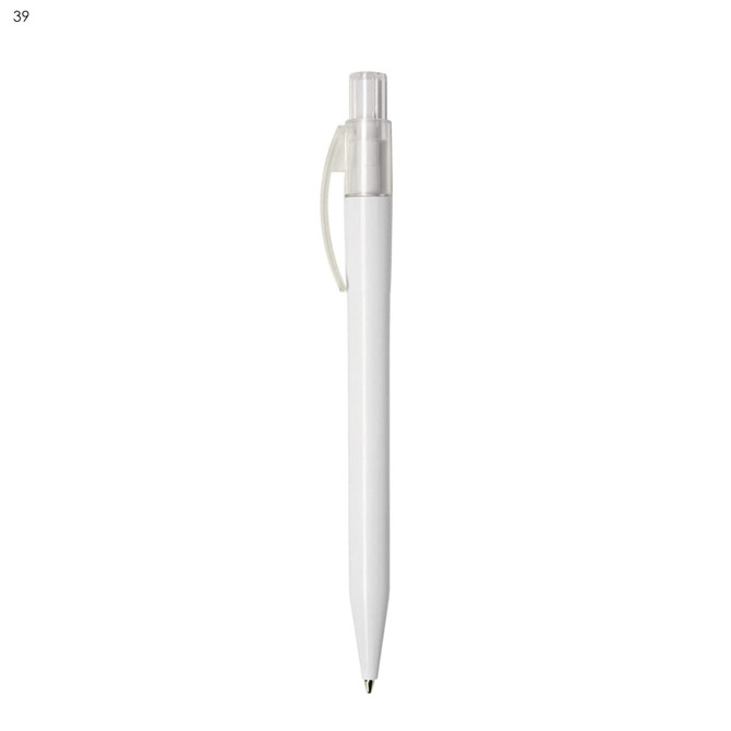A white plastic pen with a clear cap and clip, featuring a branding logo.