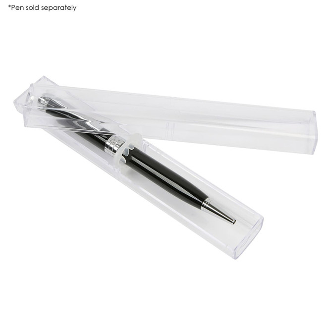 A clear plastic case containing a sleek black pen with silver accents, showcasing a modern design.