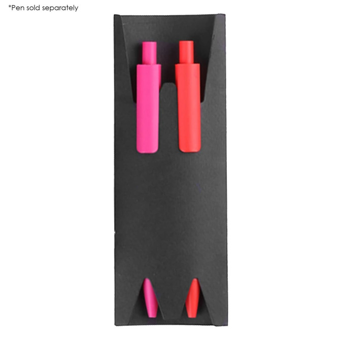 A double paper pen sleeve in black, featuring two slots for pens in pink and red. Includes a logo.