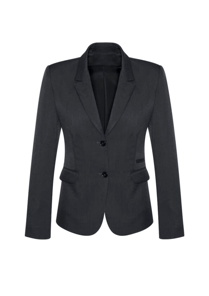 A women's mid-length blazer in dark grey with two buttons and angled pockets, featuring a tailored fit.
