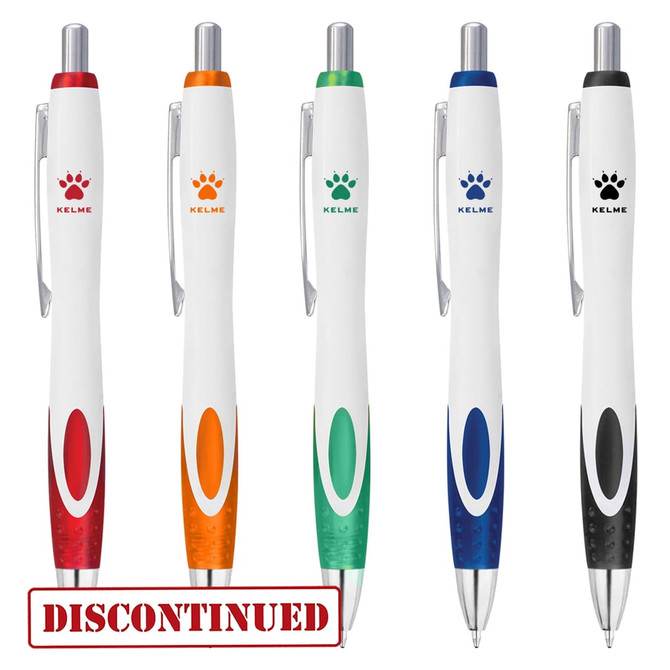 A selection of five plastic pens in white, featuring various coloured accents: orange, green, blue, and black, with a logo.
